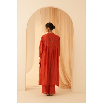 Janki India Rust Chanderi Embroidery Kurta with Pant and Dupatta with Slip (Set of 4)