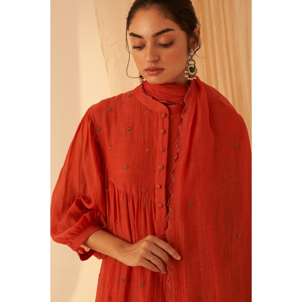 Janki India Rust Chanderi Embroidery Kurta with Pant and Dupatta with Slip (Set of 4)