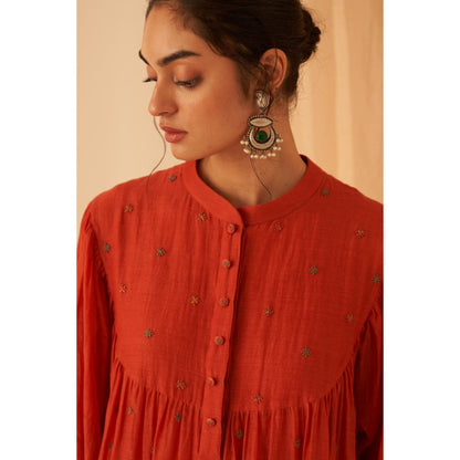 Janki India Rust Chanderi Embroidery Kurta with Pant and Dupatta with Slip (Set of 4)