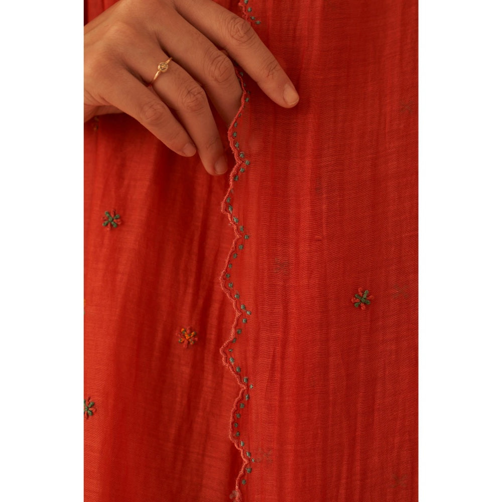 Janki India Rust Chanderi Embroidery Kurta with Pant and Dupatta with Slip (Set of 4)