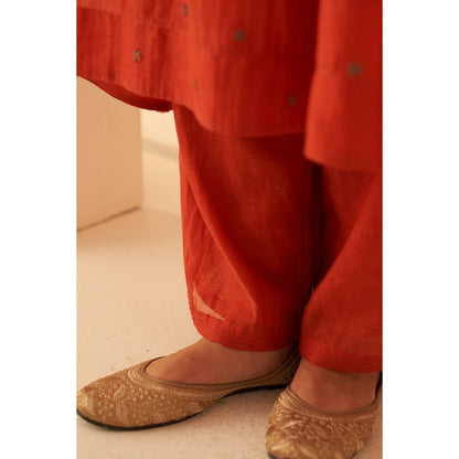 Janki India Rust Chanderi Embroidery Kurta with Pant and Dupatta with Slip (Set of 4)