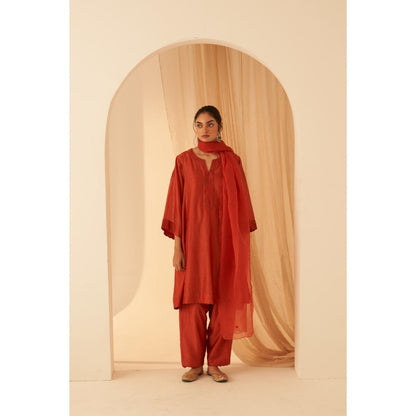 Janki India Rust Chanderi Resham Floral Buta Embroidery Kurta with Pant and Dupatta (Set of 3)