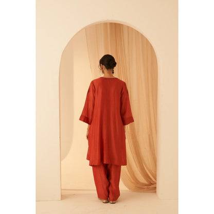 Janki India Rust Chanderi Resham Floral Buta Embroidery Kurta with Pant and Dupatta (Set of 3)