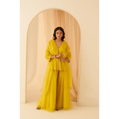 Janki India Lime Yellow Chanderi Thread Embroidery Kurta with Sharara and Dupatta (Set of 3)