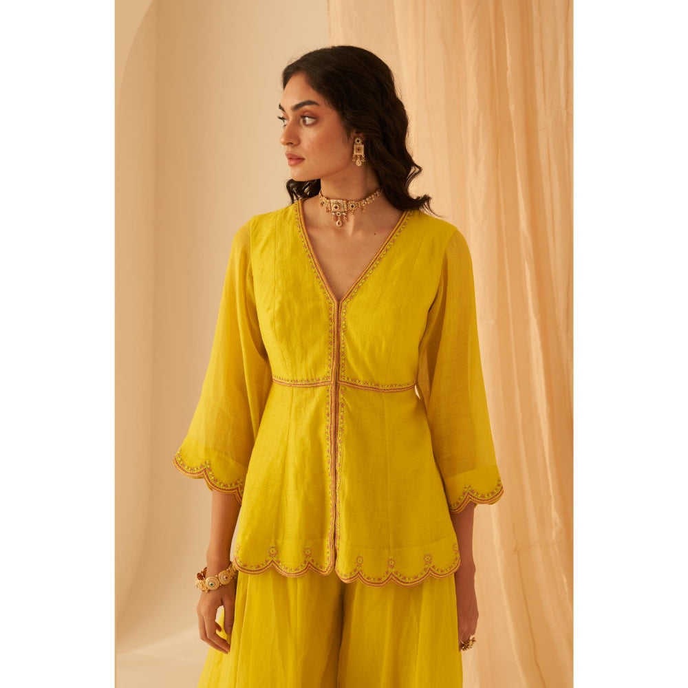 Janki India Lime Yellow Chanderi Thread Embroidery Kurta with Sharara and Dupatta (Set of 3)