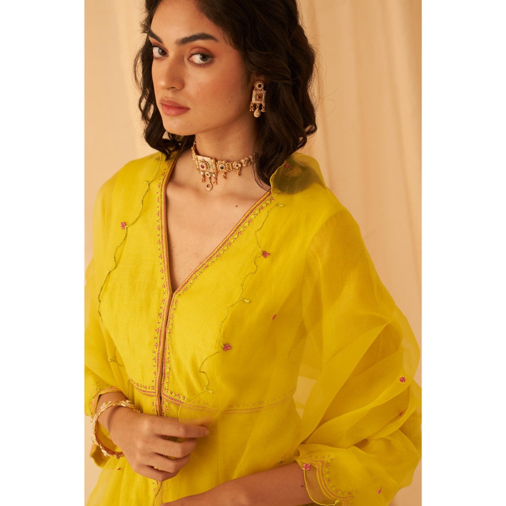 Janki India Lime Yellow Chanderi Thread Embroidery Kurta with Sharara and Dupatta (Set of 3)