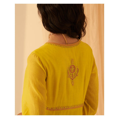 Janki India Lime Yellow Chanderi Thread Embroidery Kurta with Sharara and Dupatta (Set of 3)