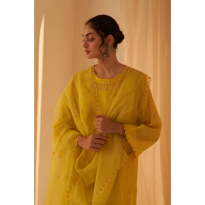 Janki India Lime Yellow Embroidery Kurta with Palazzo and Dupatta with Slip (Set of 4)