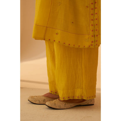 Janki India Lime Yellow Embroidery Kurta with Palazzo and Dupatta with Slip (Set of 4)