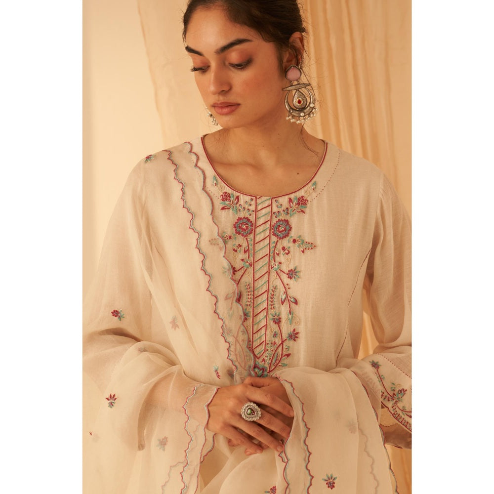 Janki India Ivory Chanderi Thread Zardozi Embroidery Kurta with Pant and Dupatta (Set of 3)