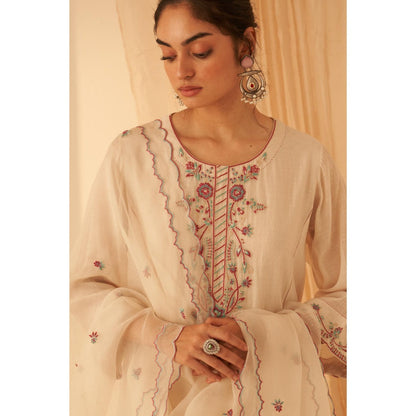 Janki India Ivory Chanderi Thread Zardozi Embroidery Kurta with Pant and Dupatta (Set of 3)