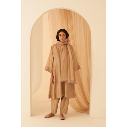 Janki India Elegant Champagne Chanderi Resham Jaal Kurta with Pant and Dupatta (Set of 3)