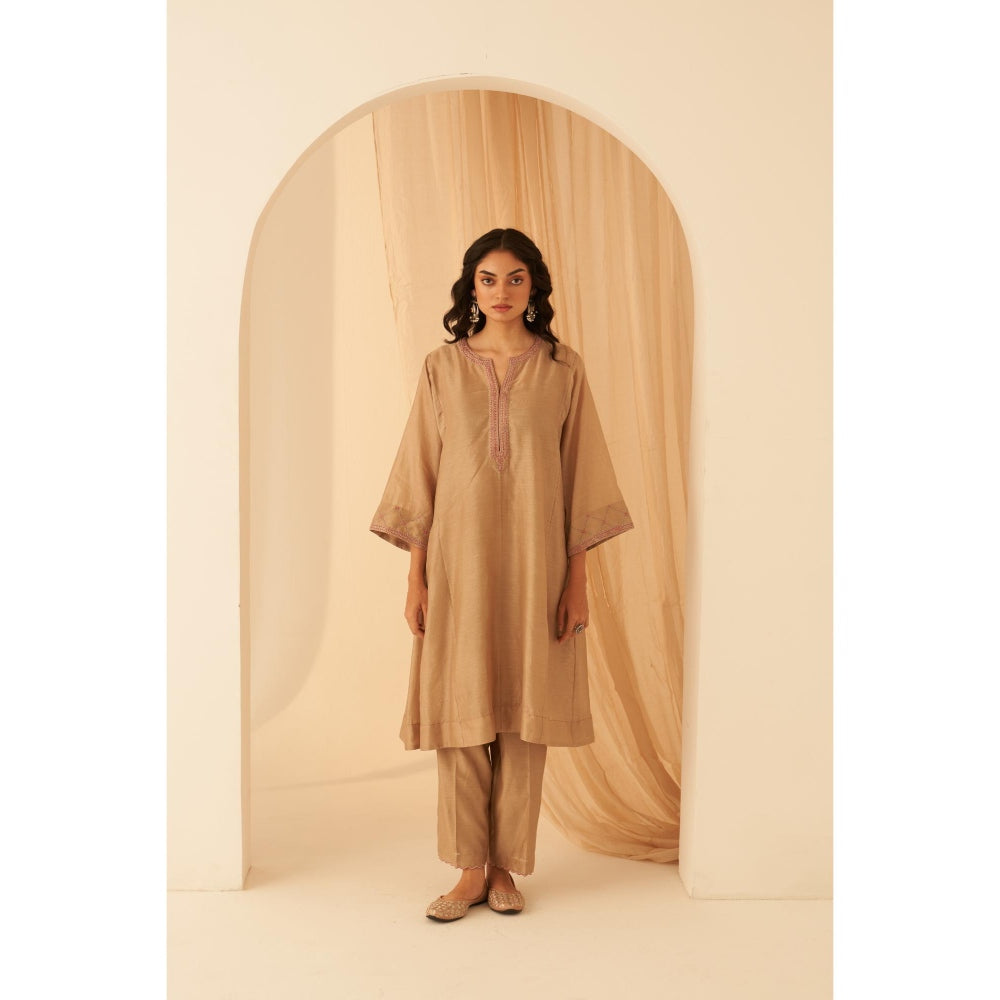 Janki India Elegant Champagne Chanderi Resham Jaal Kurta with Pant and Dupatta (Set of 3)