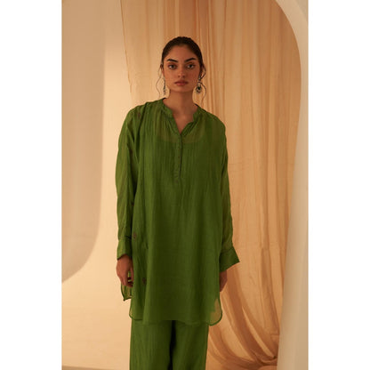 Janki India Green Chanderi Resham Buti Embroidery Kurta with Palazzo and Slip (Set of 3)