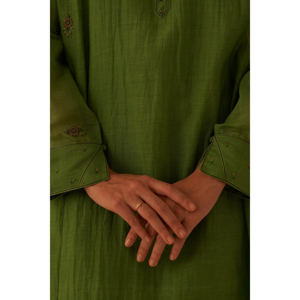 Janki India Green Chanderi Resham Buti Embroidery Kurta with Palazzo and Slip (Set of 3)