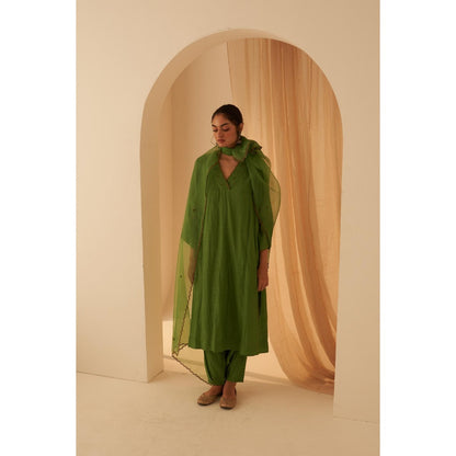 Janki India Green Chanderi Bullion Work Embroidery Kurta with Pant and Dupatta (Set of 3)