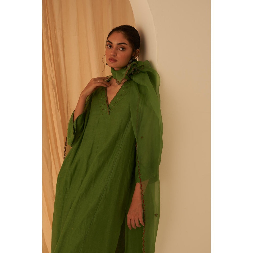 Janki India Green Chanderi Bullion Work Embroidery Kurta with Pant and Dupatta (Set of 3)