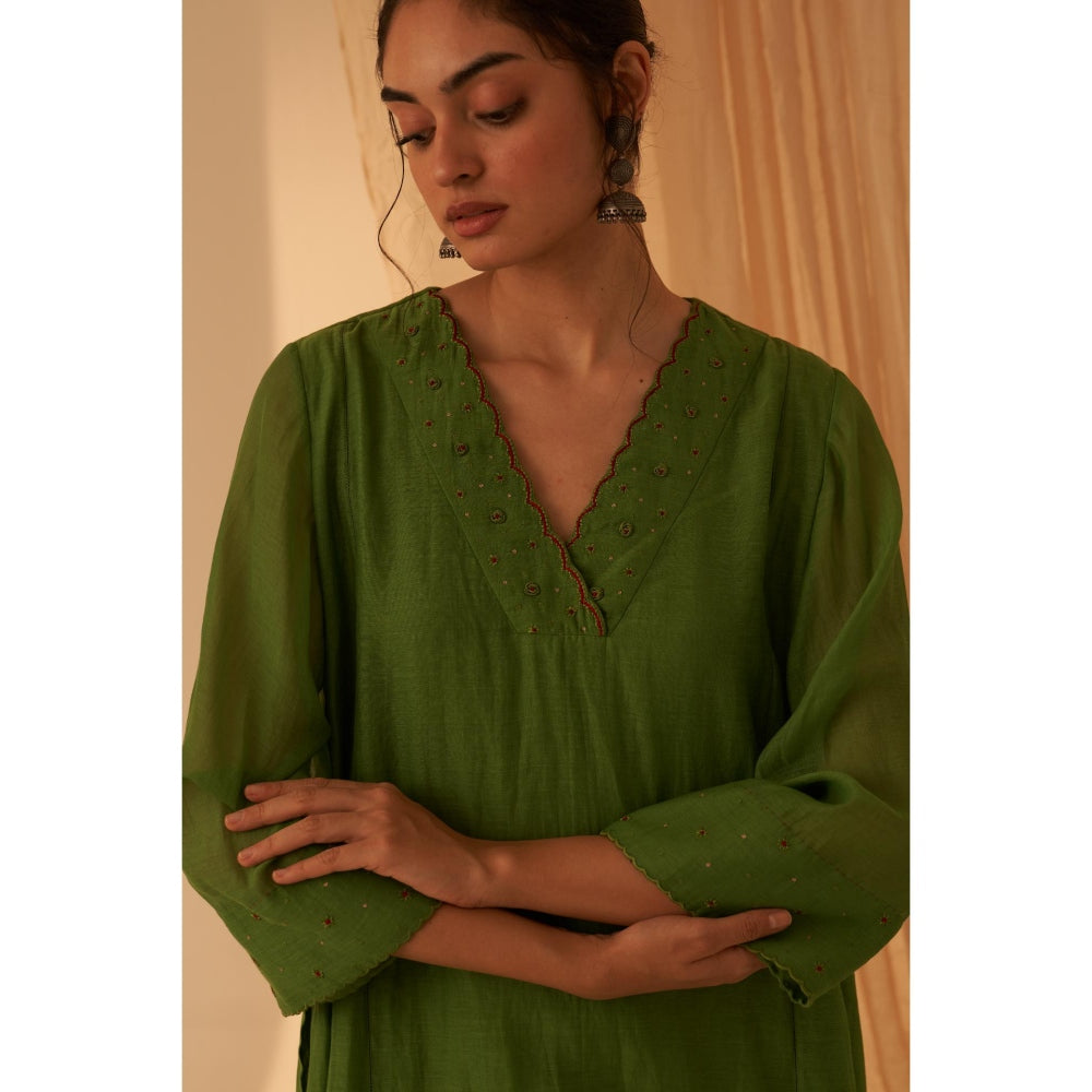 Janki India Green Chanderi Bullion Work Embroidery Kurta with Pant and Dupatta (Set of 3)