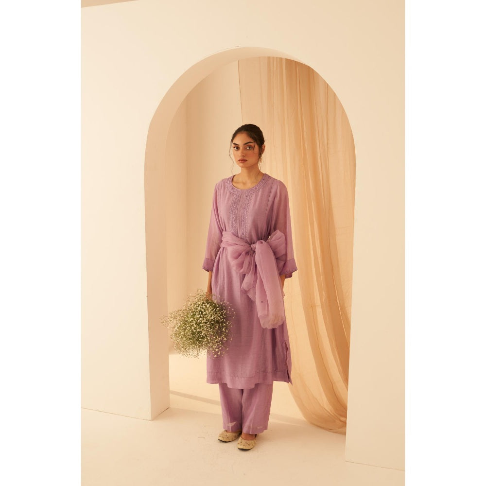 Janki India Lilac Chanderi Hand-Stitched Zardozi Work Kurta with Pant and Dupatta (Set of 3)
