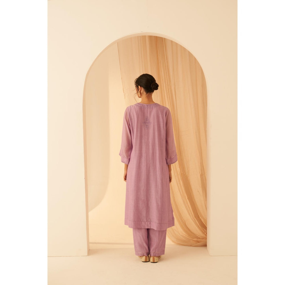 Janki India Lilac Chanderi Hand-Stitched Zardozi Work Kurta with Pant and Dupatta (Set of 3)