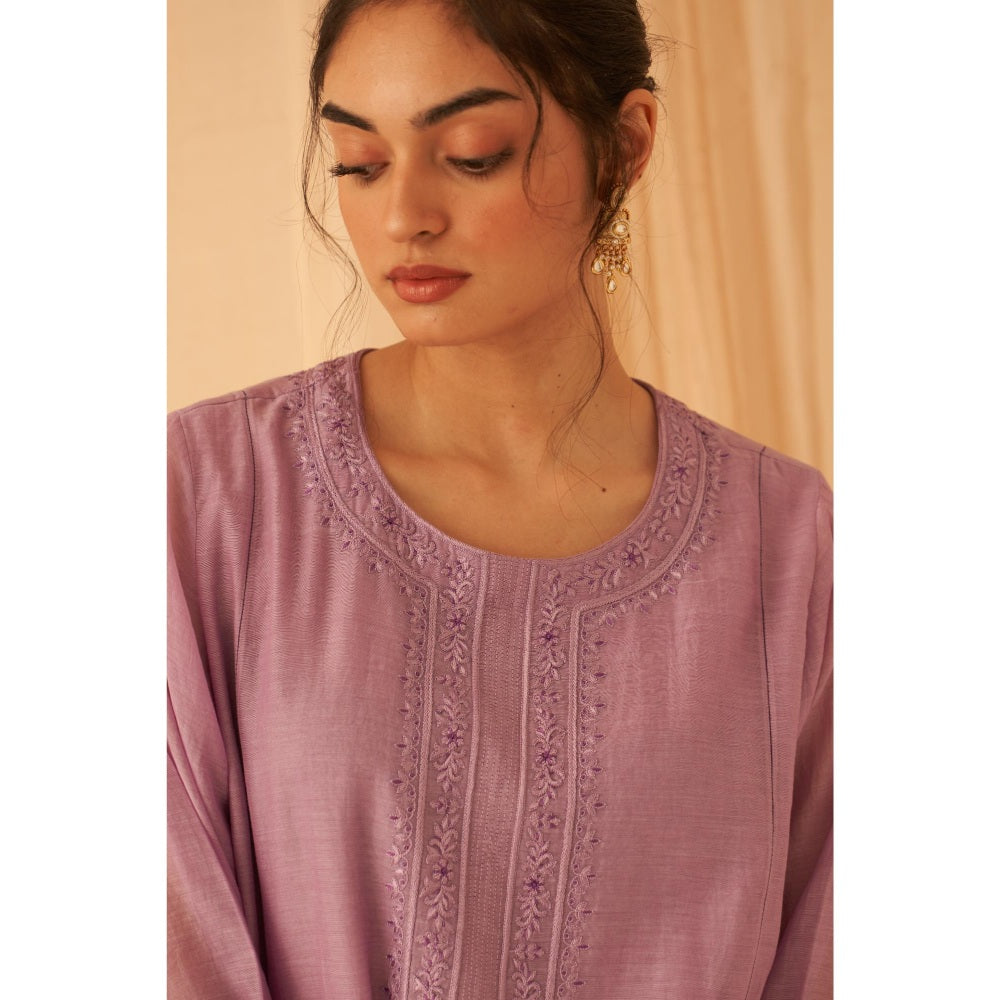 Janki India Lilac Chanderi Hand-Stitched Zardozi Work Kurta with Pant and Dupatta (Set of 3)