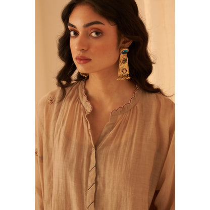 Janki India Charming Champagne Chanderi Kurta with Palazzo and Slip (Set of 3)