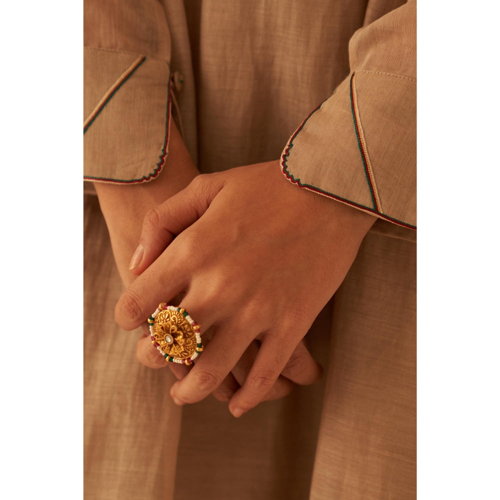 Janki India Charming Champagne Chanderi Kurta with Palazzo and Slip (Set of 3)