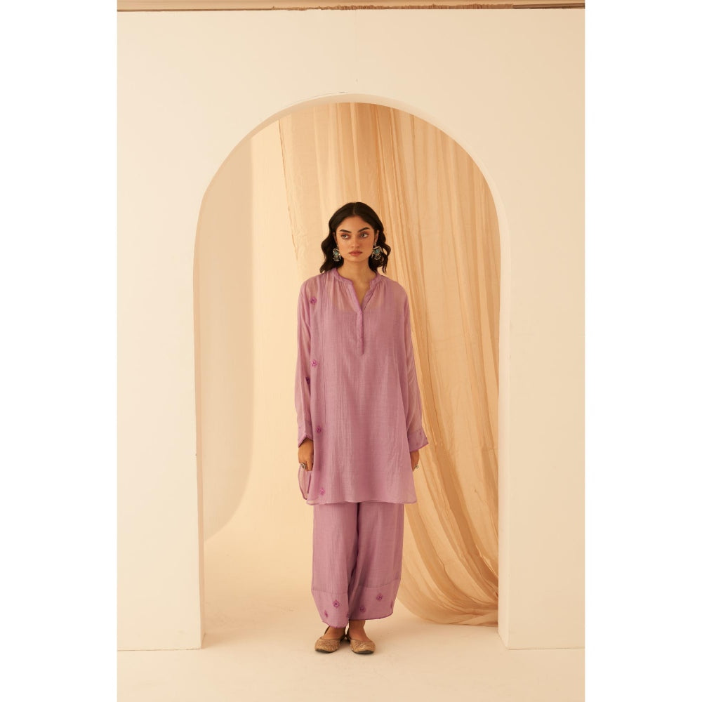 Janki India Dreamy Lilac Chanderi Floral Buta Embroidery Kurta with Palazzo and Slip (Set of 3)