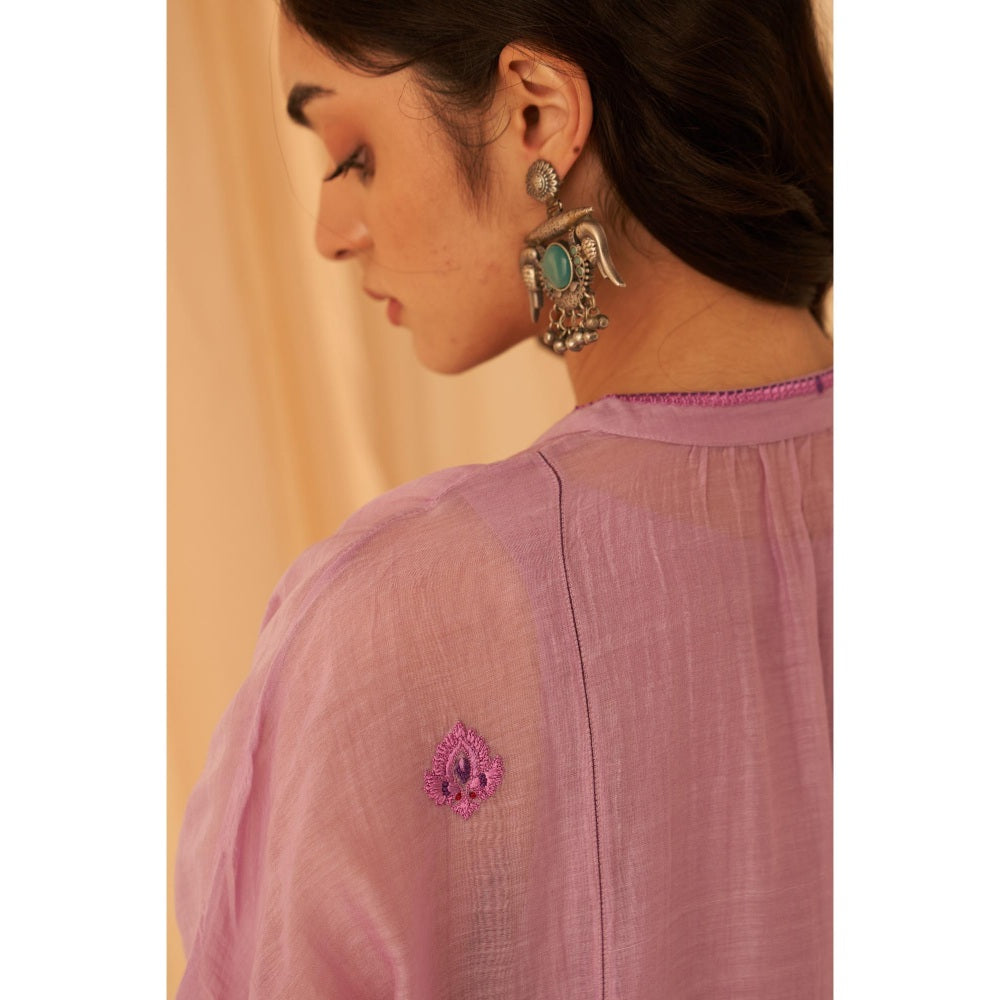 Janki India Dreamy Lilac Chanderi Floral Buta Embroidery Kurta with Palazzo and Slip (Set of 3)