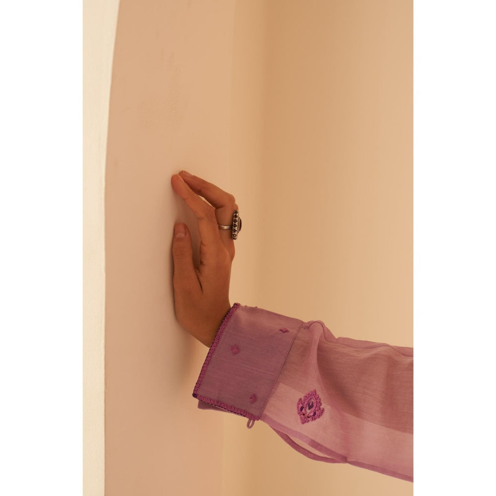 Janki India Dreamy Lilac Chanderi Floral Buta Embroidery Kurta with Palazzo and Slip (Set of 3)