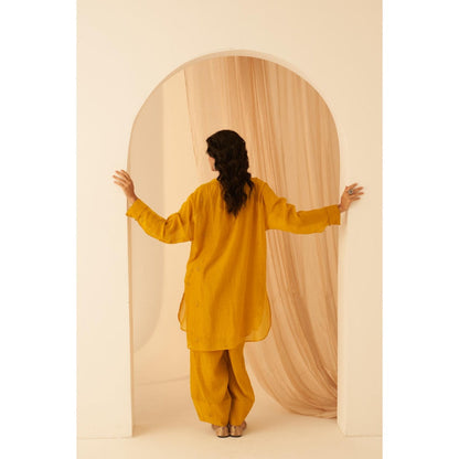 Janki India Timeless Mustard Embroidery Kurta with Palazzo and Slip (Set of 3)