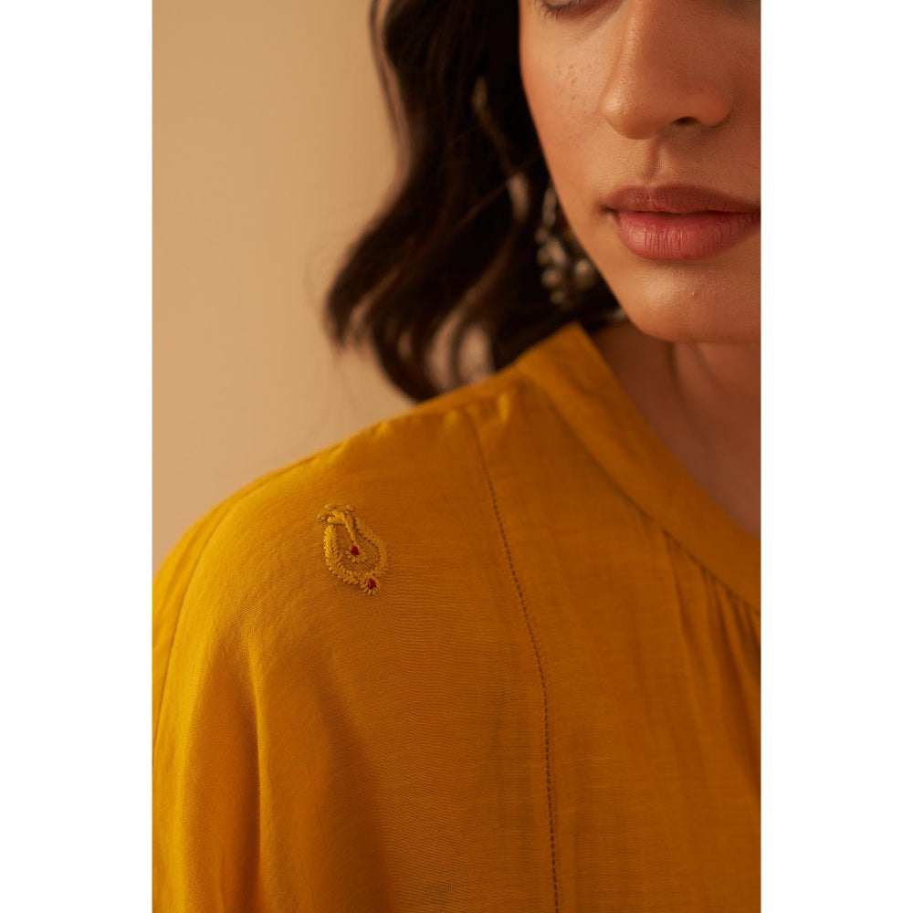 Janki India Timeless Mustard Embroidery Kurta with Palazzo and Slip (Set of 3)