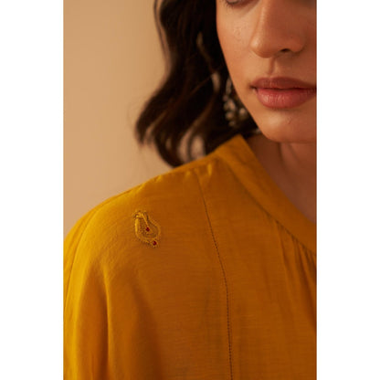 Janki India Timeless Mustard Embroidery Kurta with Palazzo and Slip (Set of 3)