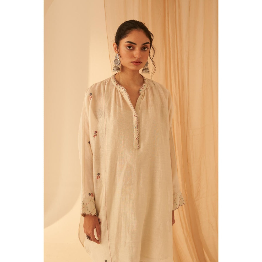 Janki India Pastel Ivory Chanderi Kurta with Palazzo and Slip (Set of 3)