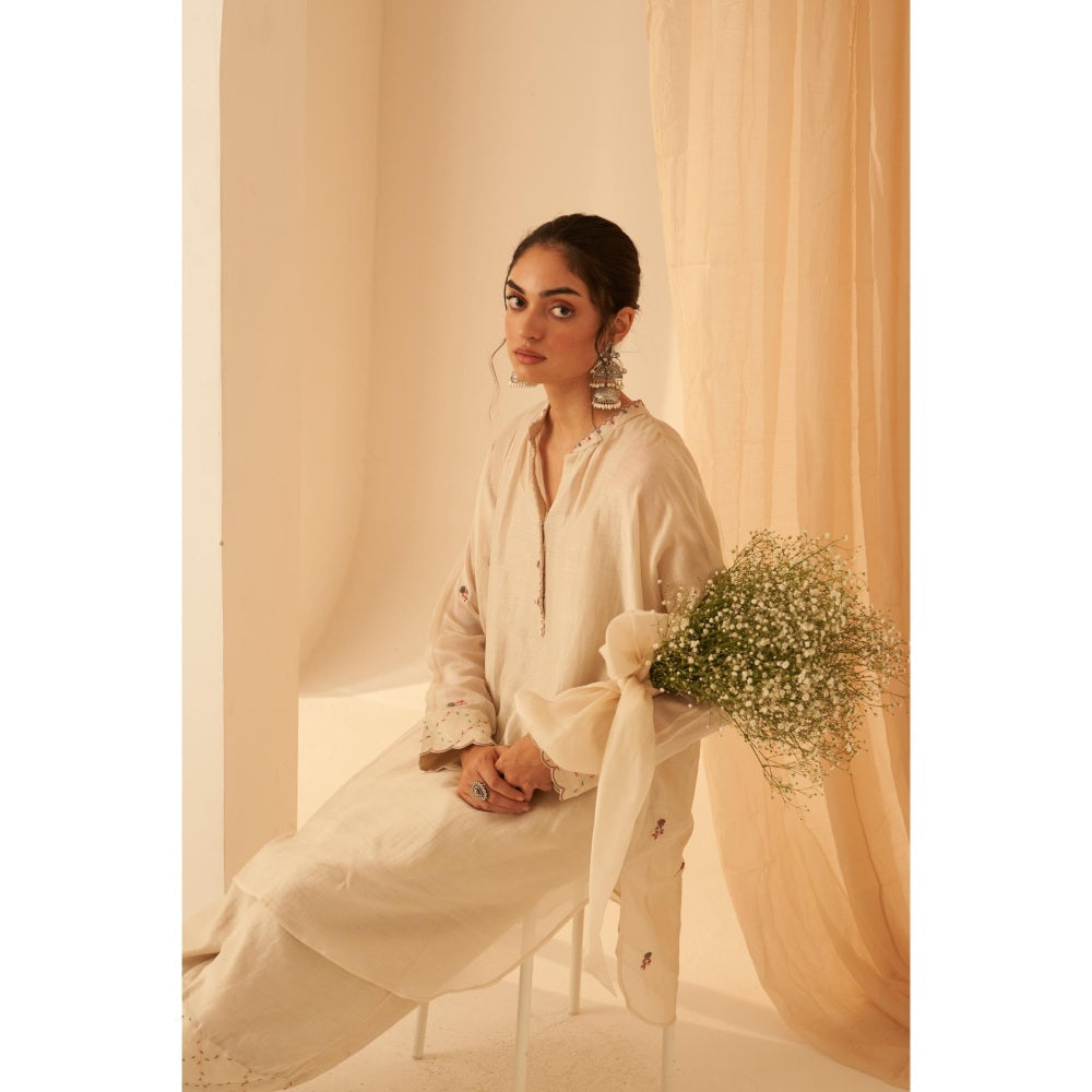 Janki India Pastel Ivory Chanderi Kurta with Palazzo and Slip (Set of 3)