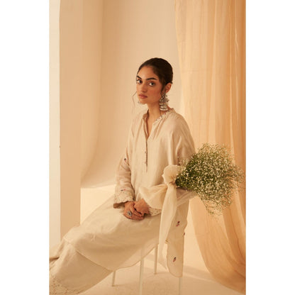 Janki India Pastel Ivory Chanderi Kurta with Palazzo and Slip (Set of 3)