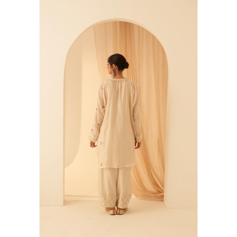 Janki India Pastel Ivory Chanderi Kurta with Palazzo and Slip (Set of 3)