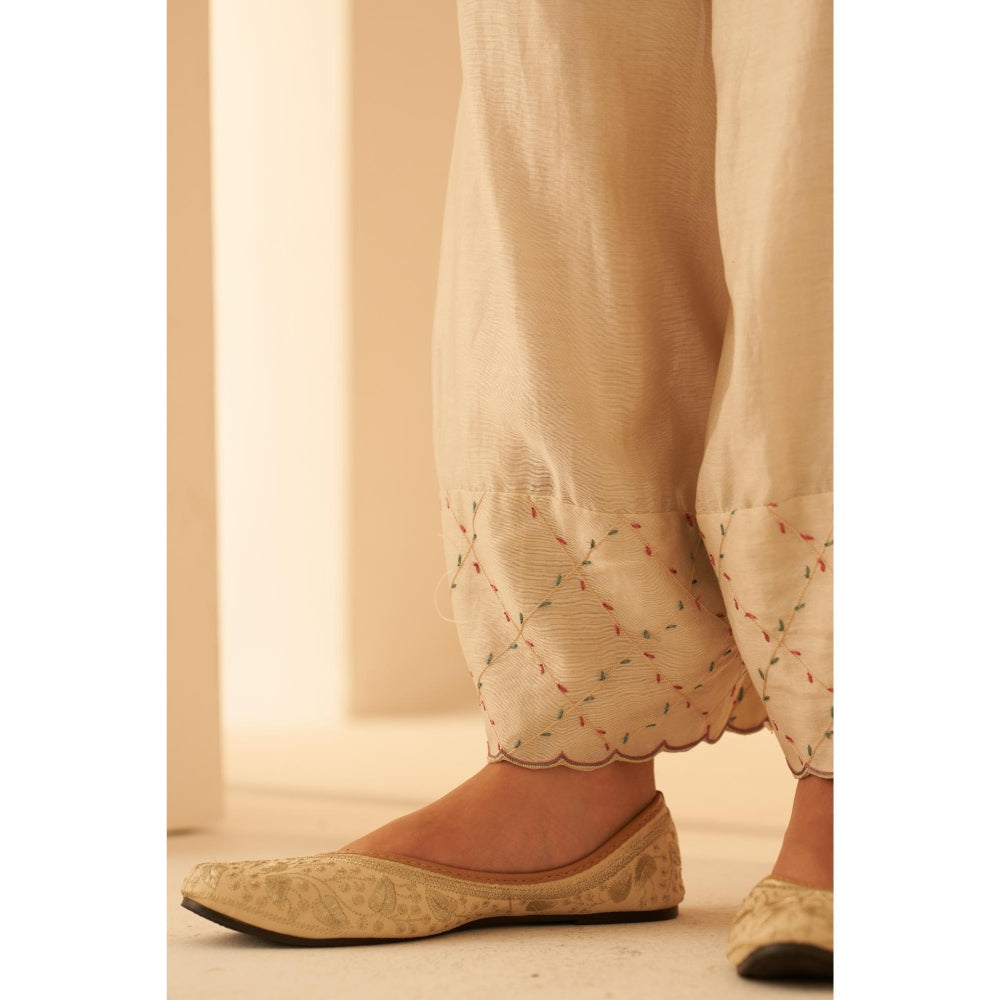 Janki India Pastel Ivory Chanderi Kurta with Palazzo and Slip (Set of 3)