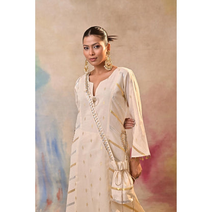 Jasashi Cream Embellished Kurta with Dhoti and Potli Bag (Set of 3)