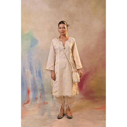 Jasashi Cream Embellished Kurta with Dhoti and Potli Bag (Set of 3)