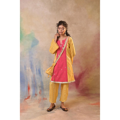 Jasashi Vibrant Yellow Kurta with Pant and Potli Bag (Set of 3)