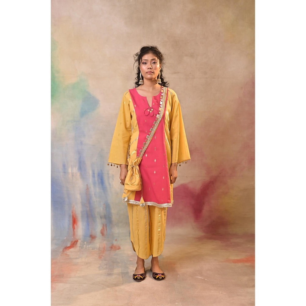 Jasashi Vibrant Yellow Kurta with Pant and Potli Bag (Set of 3)