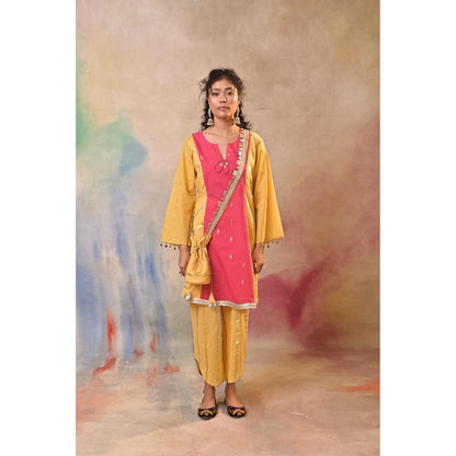 Jasashi Vibrant Yellow Kurta with Pant and Potli Bag (Set of 3)