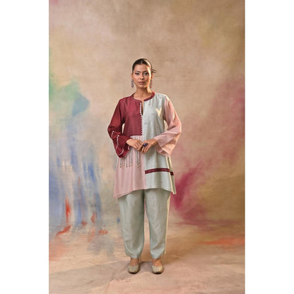 Jasashi Multicolour Asymmetric Embroidered Kurta with Pant (Set of 2)