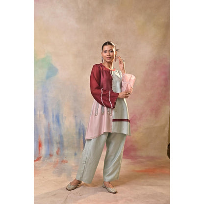 Jasashi Multicolour Asymmetric Embroidered Kurta with Pant (Set of 2)