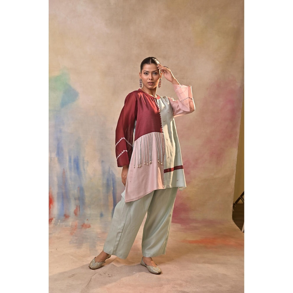 Jasashi Multicolour Asymmetric Embroidered Kurta with Pant (Set of 2)