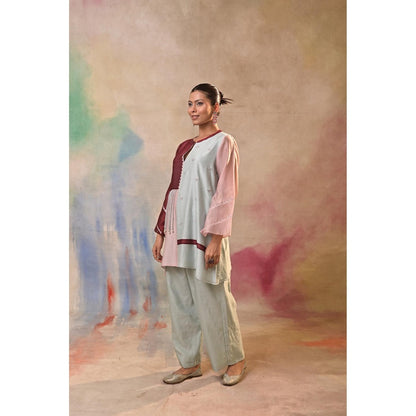 Jasashi Multicolour Asymmetric Embroidered Kurta with Pant (Set of 2)