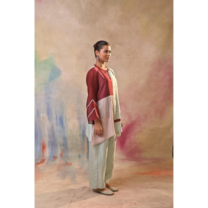 Jasashi Multicolour Asymmetric Embroidered Kurta with Pant (Set of 2)