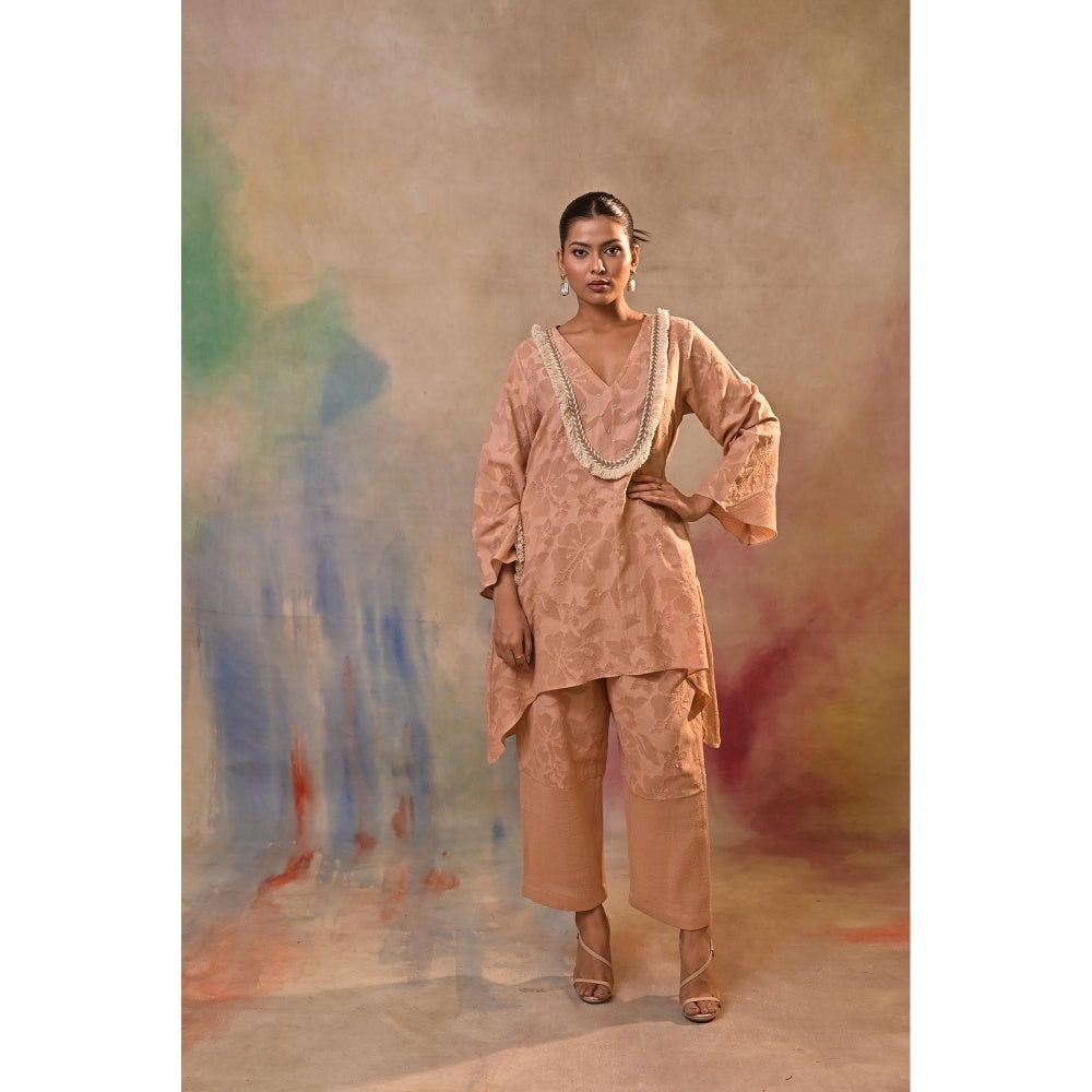 Jasashi Peach Jacquard Embroidered Kurta with Pant (Set of 2)