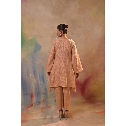 Jasashi Peach Jacquard Embroidered Kurta with Pant (Set of 2)